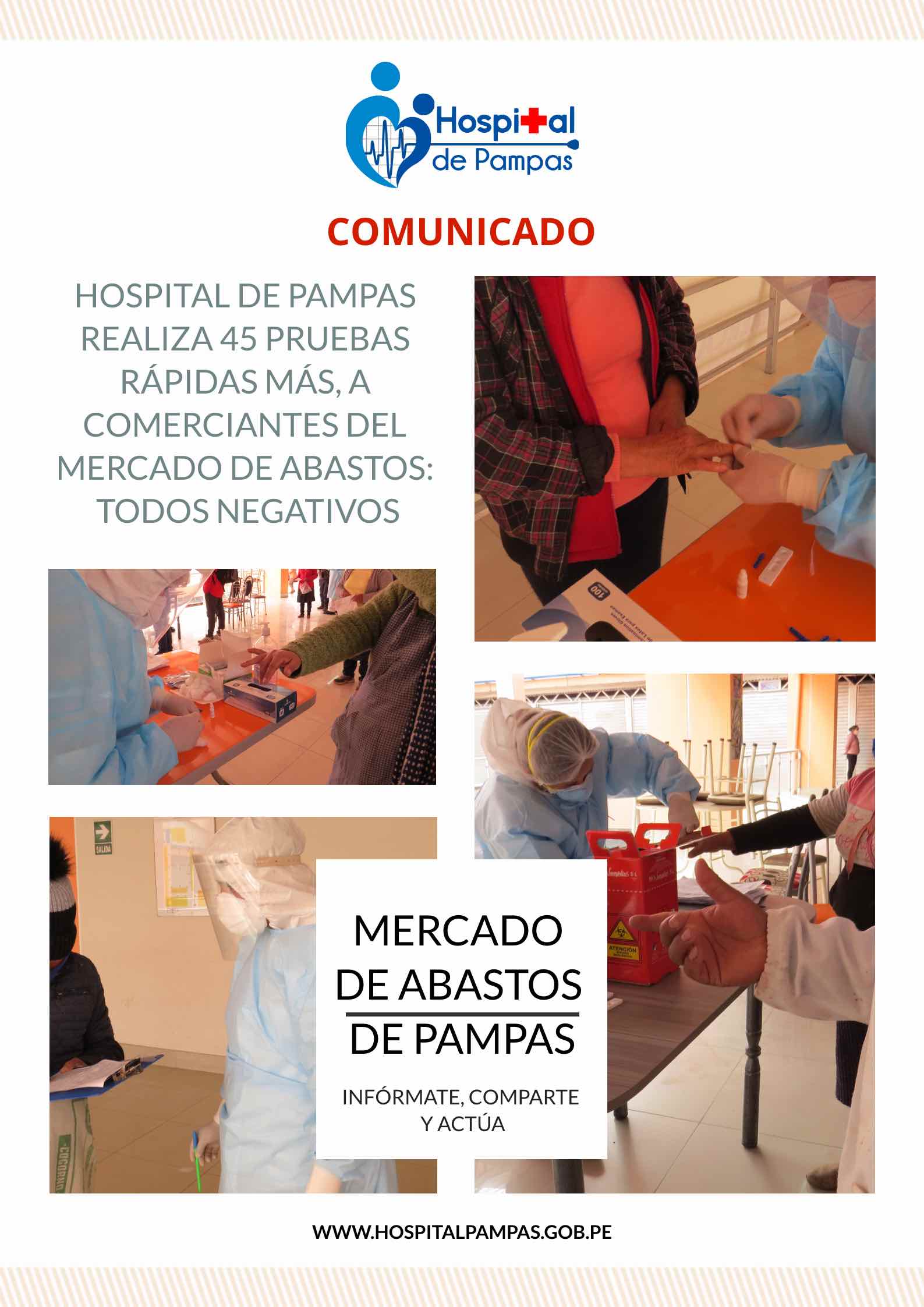 HOSPITAL DE PAMPAS REALIZA 45 PRUEBAS RÁPIDAS MÁS, A COMERCIANTES DEL MERCADO DE ABASTOS: TODOS NEGATIVOS